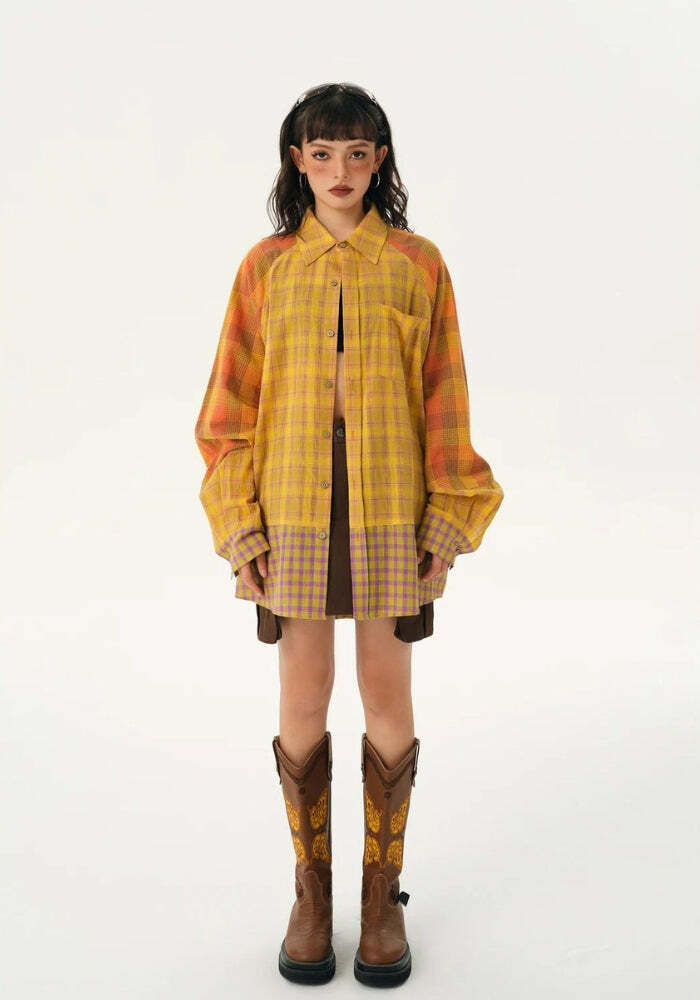 Y2K Grunge Multi-Pattern Plaid Shirt - Aesthetic Clothing for Unique Styles