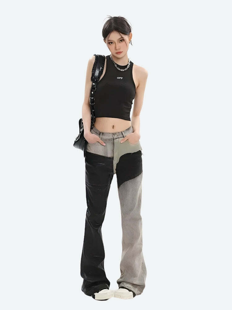 Y2K Grunge Patchwork Flare Pants - Trendy Aesthetic Clothing for Unique Styles