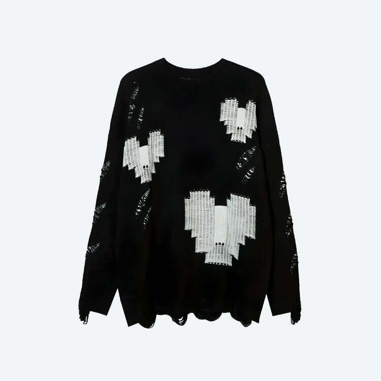 Y2K Grunge Pixel Hearts Knitted Sweater - Aesthetic Clothing Essential