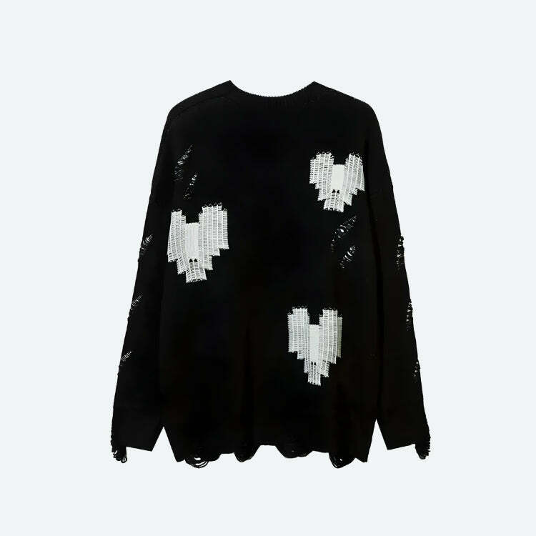 Y2K Grunge Pixel Hearts Knitted Sweater - Aesthetic Clothing Essential