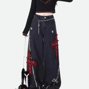 Y2K Grunge Plaid Cross Patch Jeans - Aesthetic Clothing for Unique Styles