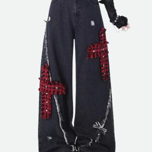 Y2K Grunge Plaid Cross Patch Jeans - Aesthetic Clothing for Unique Styles