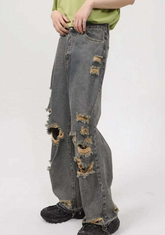 Y2K Grunge Ripped Straight Leg Jeans - Aesthetic Clothing Essential