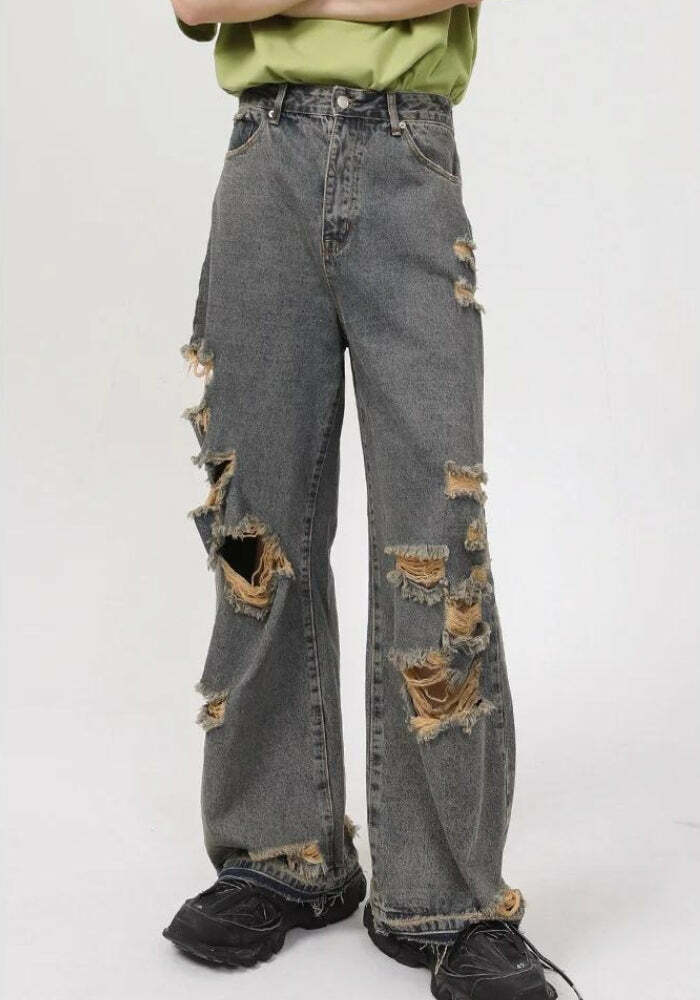 Y2K Grunge Ripped Straight Leg Jeans - Aesthetic Clothing Essential