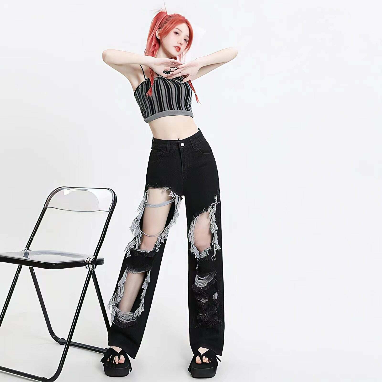 Y2K Grunge Ripped Wide Leg Jeans - Aesthetic Clothing for Unique Styles