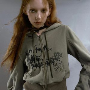 Y2K Grunge Ruched Sleeve Hoodie - Aesthetic Coquette Style Top