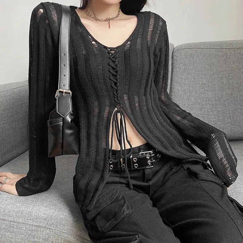 Y2K Grunge Sheer Lace-Up Top - Aesthetic Clothing for Unique Styles