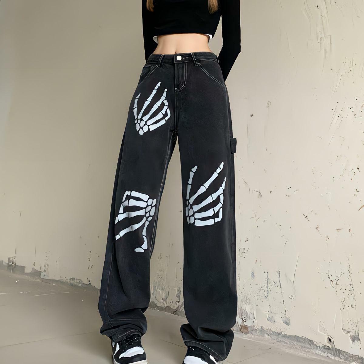 Y2K Grunge Skeleton Hand Printed Jeans - Aesthetic Clothing Style