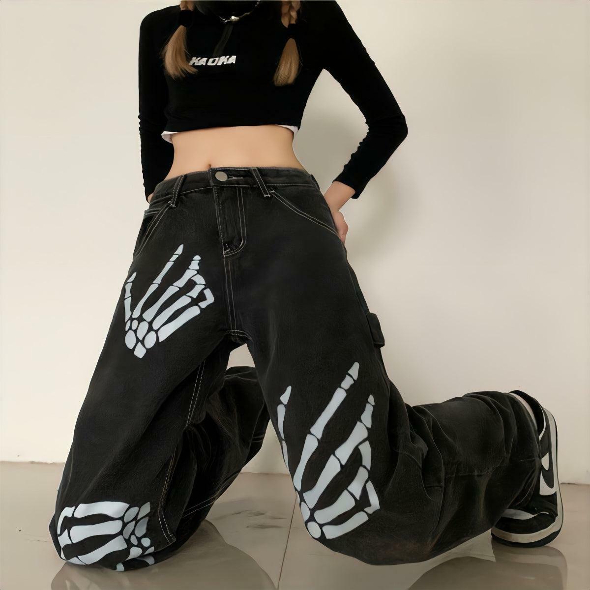 Y2K Grunge Skeleton Hand Printed Jeans - Aesthetic Clothing Style