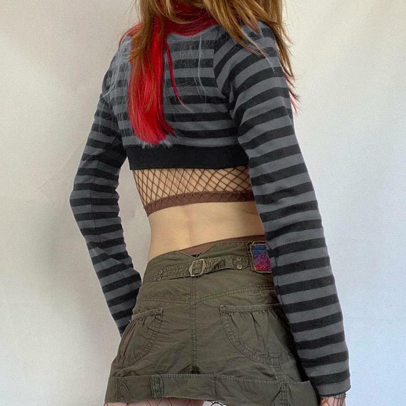 Y2K Grunge Striped Button-Up Crop Top - Aesthetic Clothing Essential