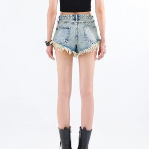 Y2K Grunge Tasseled Denim Shorts - Aesthetic Coquette Style Outfit