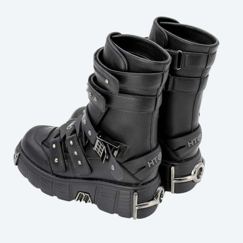 Y2K Grunge Velcro Straps Chunky Platform Boots for Aesthetic Outfits