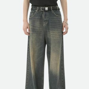 Y2K Grunge Wide Leg Denim Jeans - Aesthetic Clothing for Unique Styles