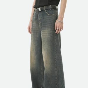 Y2K Grunge Wide Leg Denim Jeans - Aesthetic Clothing for Unique Styles