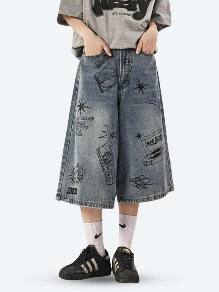 Y2K Grunge Wide Leg Denim Shorts - Aesthetic Clothing for Unique Styles