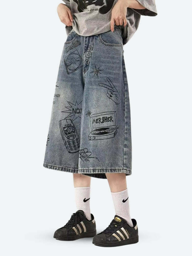 Y2K Grunge Wide Leg Denim Shorts - Aesthetic Clothing for Unique Styles