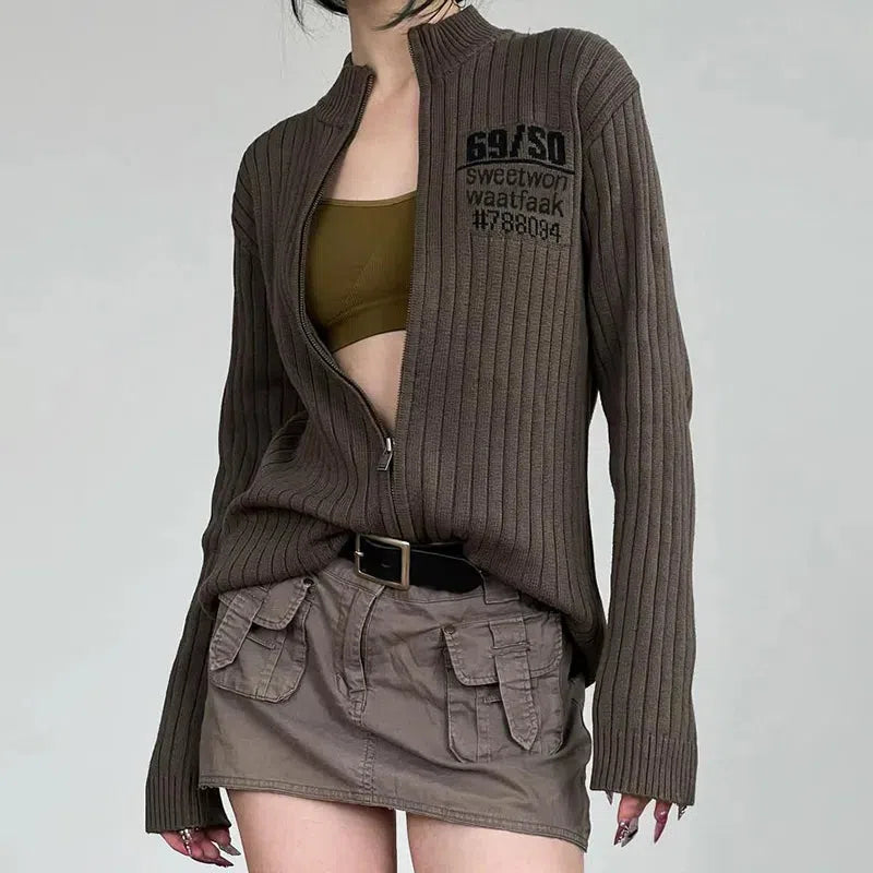 Y2K Grunge Zip-Up Cardigan Jacket - Aesthetic Coquette Style