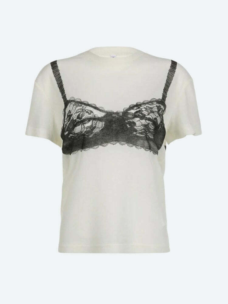 Y2K Lace Bra Tee: Coquette Aesthetic Top for Trendy Outfits