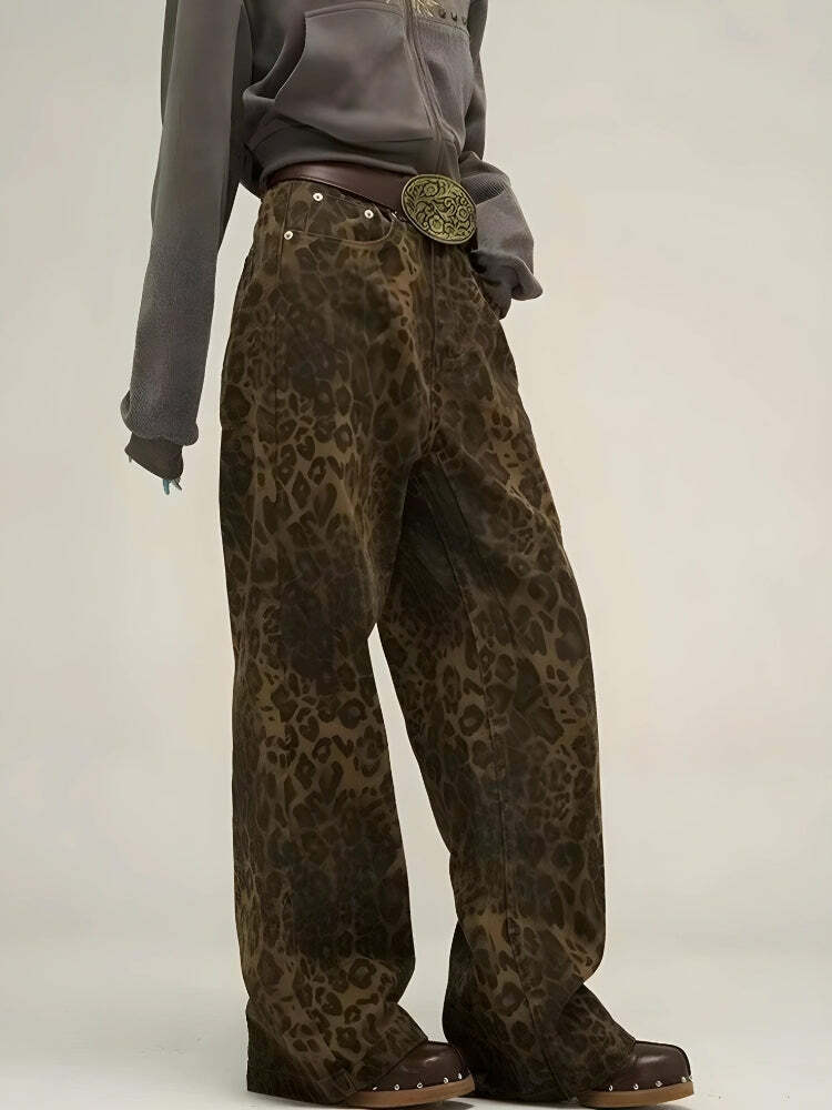 Y2K Leopard Print Straight Leg Pants - Trendy Aesthetic Clothing