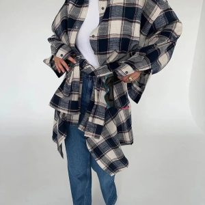 Y2K Oversized Plaid Shirt - Trendy Coquette Aesthetic Clothing