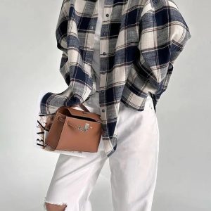 Y2K Oversized Plaid Shirt - Trendy Coquette Aesthetic Clothing