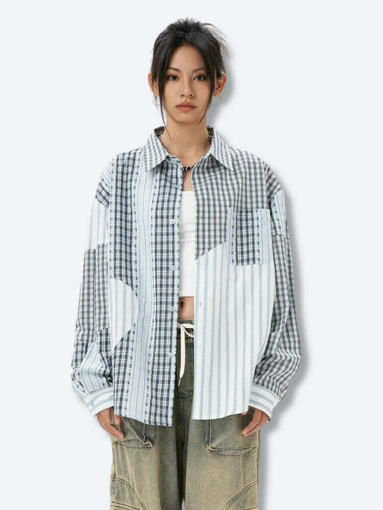 Y2K Patchwork Striped & Plaid Shirt - Trendy Coquette Aesthetic Top