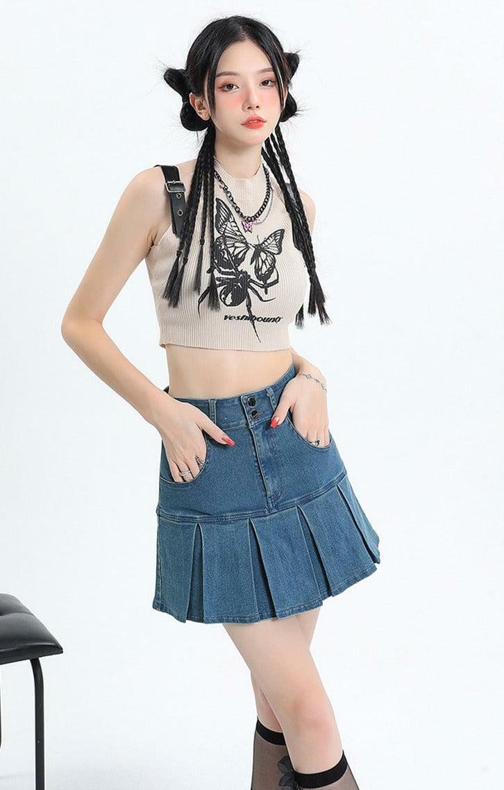 Y2K Pleated Jean Mini Skort - Trendy Coquette Aesthetic Outfit