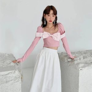 Y2K Puff Shoulder Bow Crop Top - Coquette Aesthetic Clothing Style