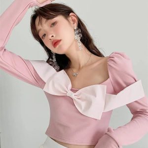 Y2K Puff Shoulder Bow Crop Top - Coquette Aesthetic Clothing Style