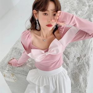 Y2K Puff Shoulder Bow Crop Top - Coquette Aesthetic Clothing Style