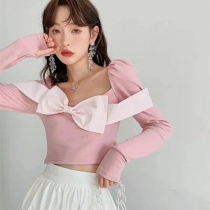 Y2K Puff Shoulder Bow Crop Top - Coquette Aesthetic Clothing Style