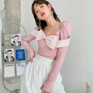 Y2K Puff Shoulder Bow Crop Top - Coquette Aesthetic Clothing Style