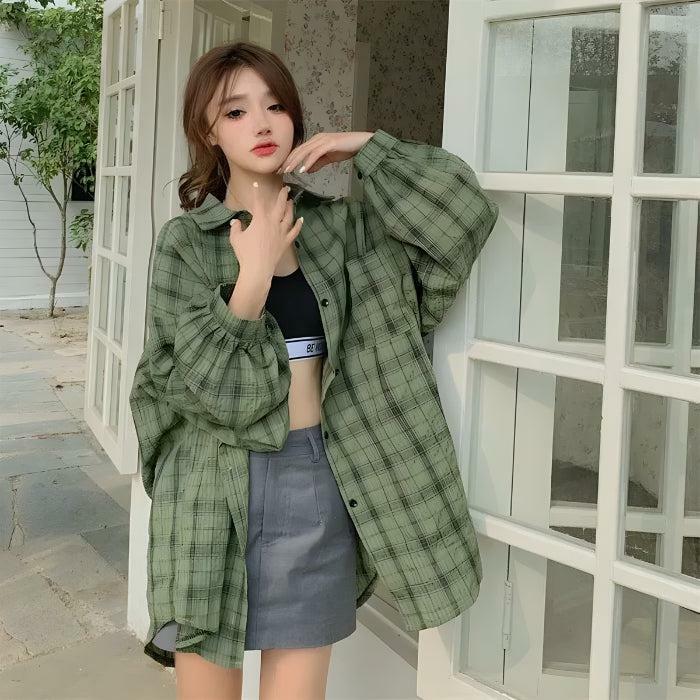 Y2K Puff Sleeved Plaid Shirt - Coquette Aesthetic Outfit Essential