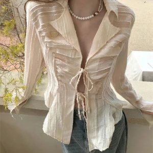 Y2K Sheer Shirt: Coquette Aesthetic Top for Trendy Outfits