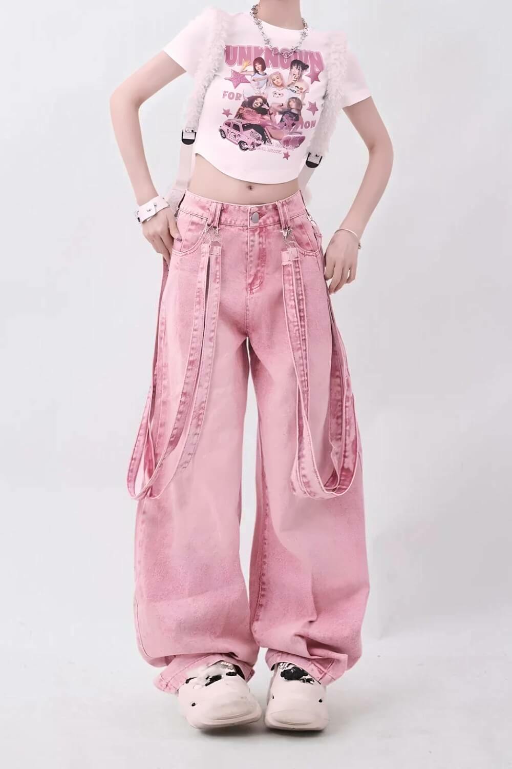 Y2K Soft Girl Double Belted Baggy Jeans - Trendy Aesthetic Clothing