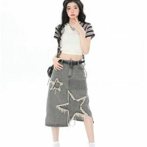 Y2K Star Patchwork Midi Skirt - Trendy Coquette Aesthetic Clothing