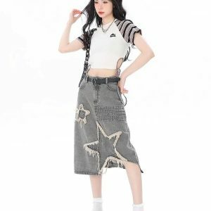 Y2K Star Patchwork Midi Skirt - Trendy Coquette Aesthetic Clothing