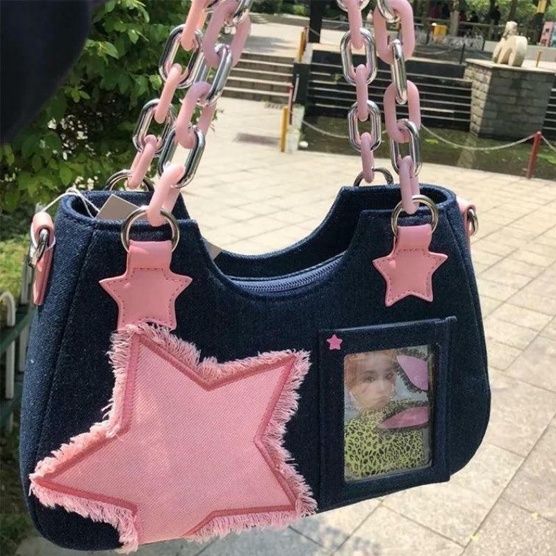 Y2K Star Transparent Denim Bag - Trendy Aesthetic Accessory for All Styles