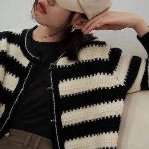 Y2K Striped Button Up Cardigan - Coquette Aesthetic Fashion Essential