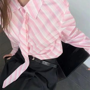 Y2K Striped Button-Up Shirt with Matching Striped Tie - Aesthetic Style