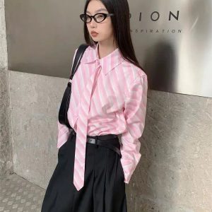 Y2K Striped Button-Up Shirt with Matching Striped Tie - Aesthetic Style