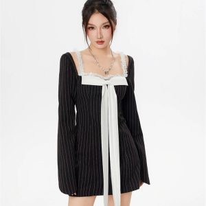 Y2K Striped Lace Bow Mini Dress - Coquette Aesthetic Outfit