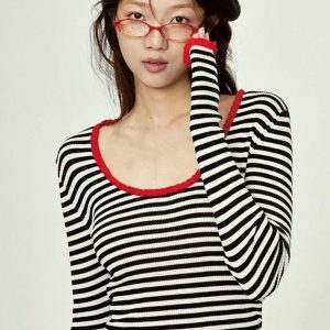 Y2K Striped Scoop Neck Top - Coquette Aesthetic Clothing for Trendy Outfits