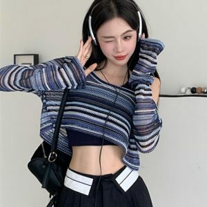 Y2K Striped Wide Neck Crop Sweater - Aesthetic Coquette Style Top