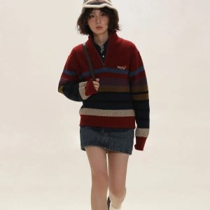 Y2K Vintage Aesthetic Knitted Zip Sweater for Trendy Coquette Style