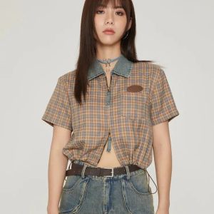 Y2K Vintage Plaid Crop Shirt - Aesthetic Coquette Style Top