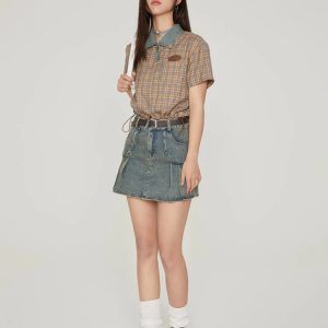 Y2K Vintage Plaid Crop Shirt - Aesthetic Coquette Style Top