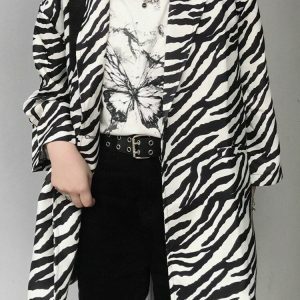 Zebra Print Long Blazer - Y2K Aesthetic Clothing for Trendy Outfits